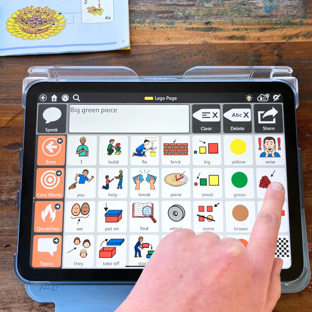 Rachel Fletcher Speech Therapy ACC device ACC device communicating the colour of the Legos to build a sunflower